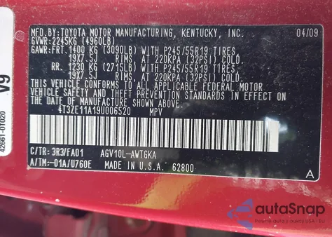 2009 Toyota Venza z USA, uszkodzony, nr VIN 4T3ZE11A19U006520